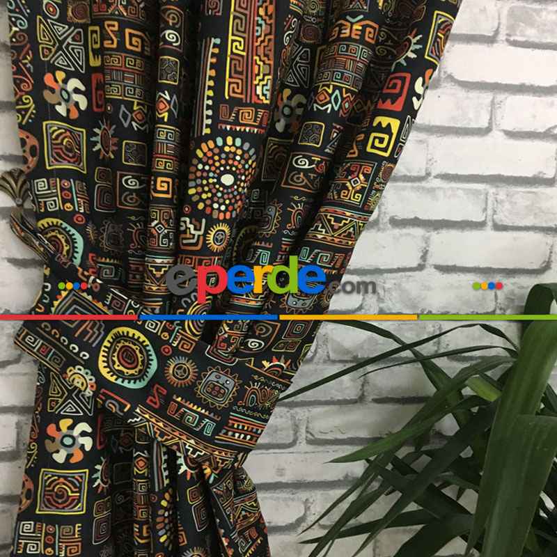 Etnik Desenli Fon Perde Evm273 _e - Kumaşı Kalındır Duck Bezi Değildir.- Siyah-Sarı-Antrasit