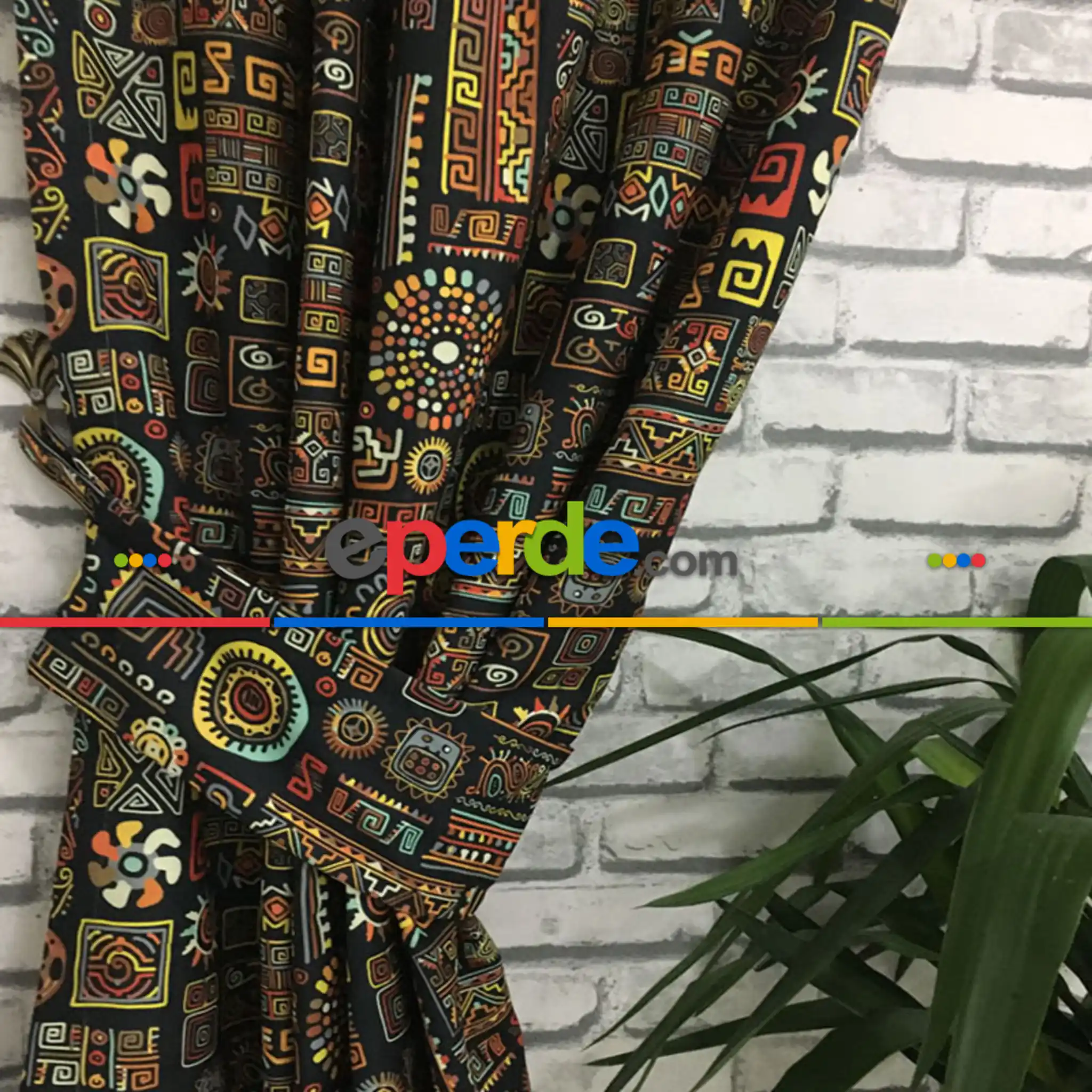 Etnik Desenli Fon Perde Evm273 _e - Kumaşı Kalındır Duck Bezi Değildir.- Siyah-Sarı-Antrasit