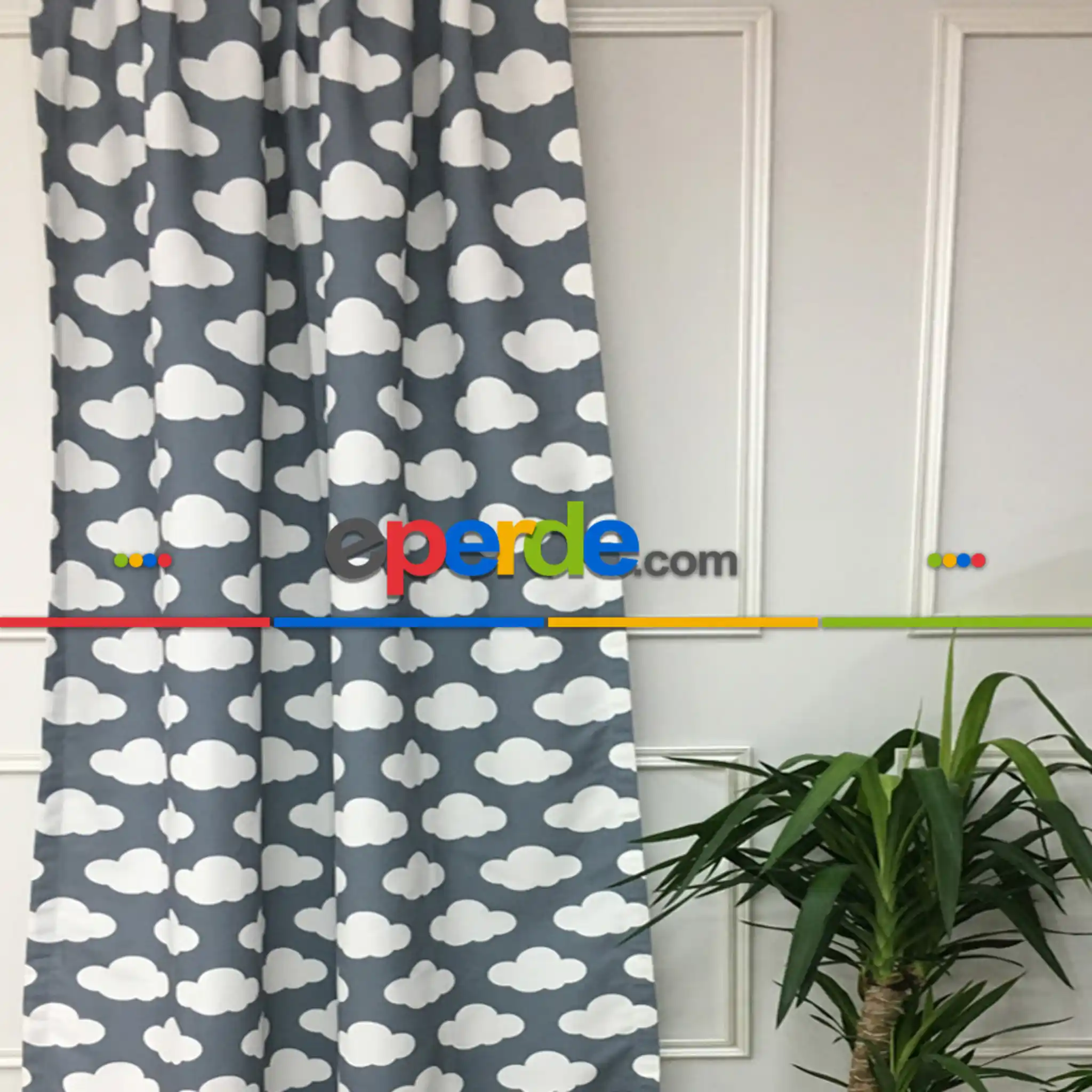 Bebek Odası Fon - Bulut Desenli Fon Perde Evm484-1 Kumaşı Kalındır Duck Bezi Değildir- Gri-Füme-Antrasit