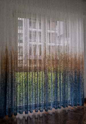 Modern Hardal Ve Mavi Desenli Degrade Geçişli Örme Tül Perde Yüksek Kalite