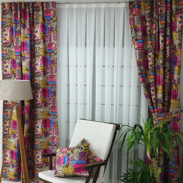 Etnik Fuşya Desenli Fon Perde Perde4103-1 Kumaşı Kalındır Duck Bezi Değildir- Sarı-Fuşya- Çok Renkli 2