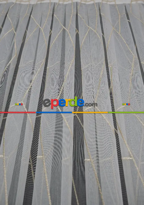 Salon - Geometrik Desenli Tül Perde - Ekru - Altın