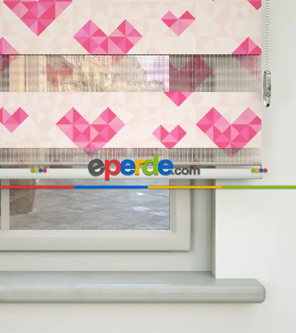 Çocuk Odası Zebra - Kalp Desenli Baskılı Zebra Perde- Pembe