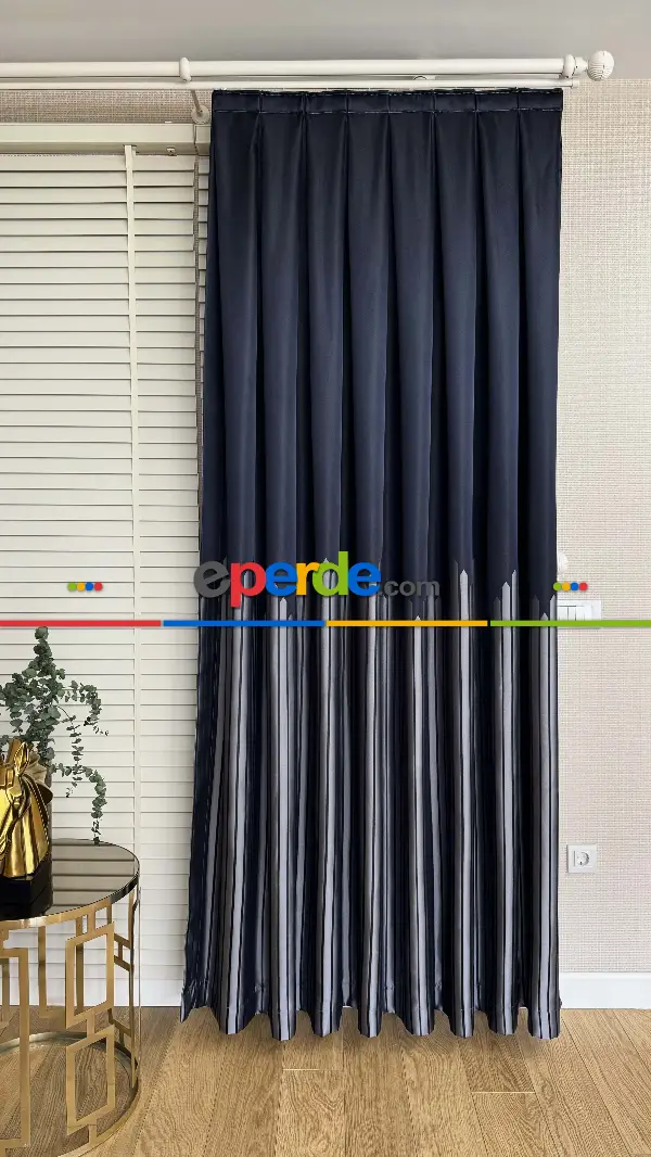 Lacivert Gri Çizgili Jakar Dokuma Fon Perde