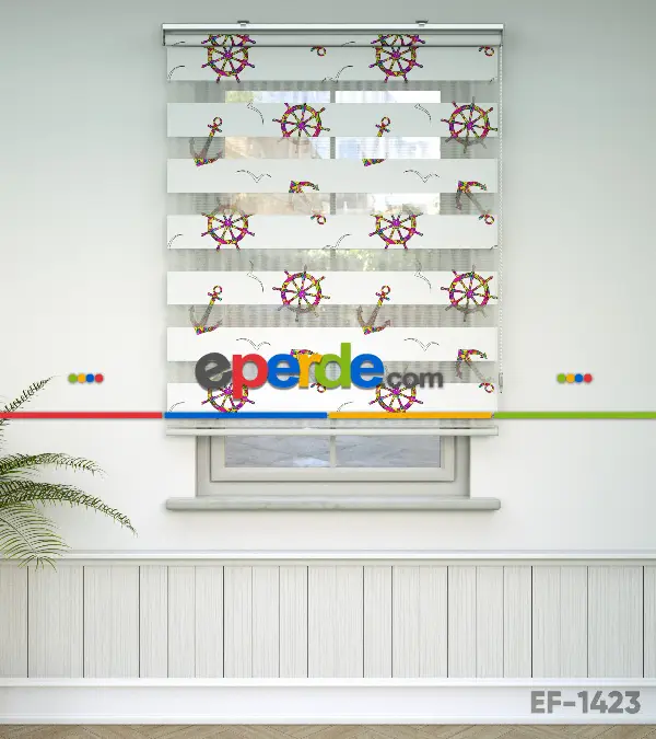 Bebek Odası Zebra Perde - Çapa Ve Dümen Desen Baskılı Zebra Perde- Çok Renkli