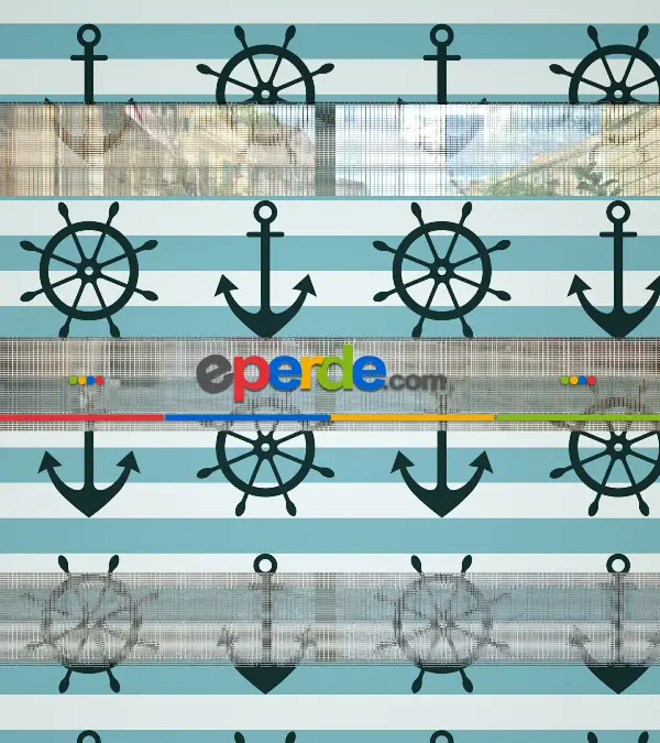 Çapa Baskılı Zebra Perde- Siyah-mavi-beyaz