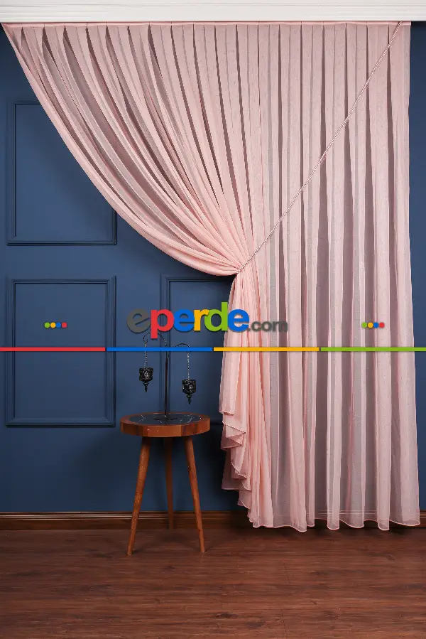 Yatak Odası Fon Perde - Pudra Tülden Kordon Toplama Fon Perde ( Kordon Hediyeli)