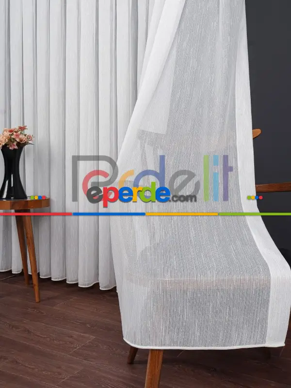 Bambu Zemin Noktalı Ve Çizgili Simli Düz Tül Perde Gramajlı