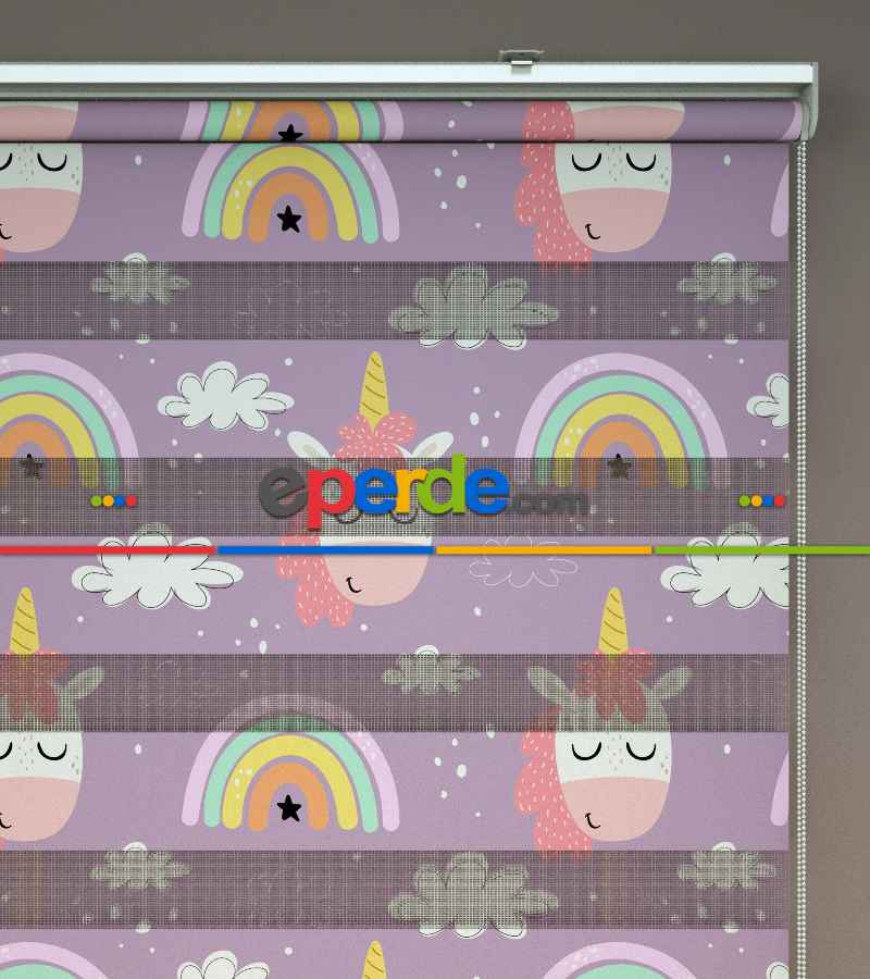Unicorn Desenli Baskılı Zebra Perde- Çok Renkli