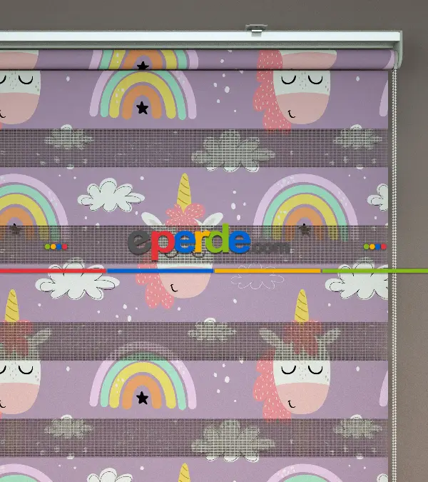 Unicorn Desenli Baskılı Zebra Perde- Çok Renkli