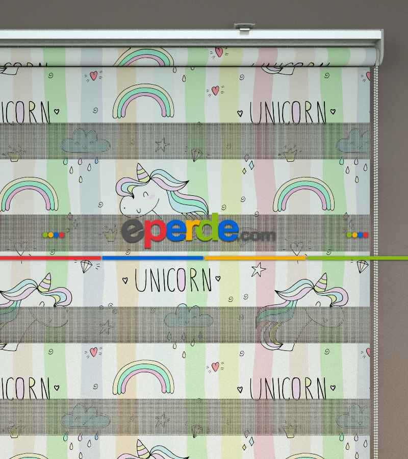 Unicorn Desenli Baskılı Zebra Perde- Çok Renkli