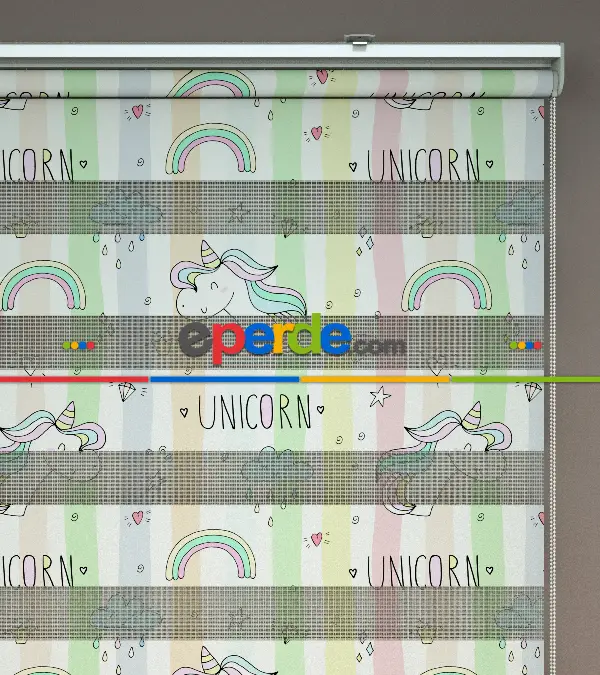 Unicorn Desenli Baskılı Zebra Perde- Çok Renkli