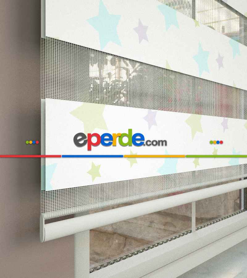 Yıldız Desenli Baskılı Zebra Perde- Çok Renkli