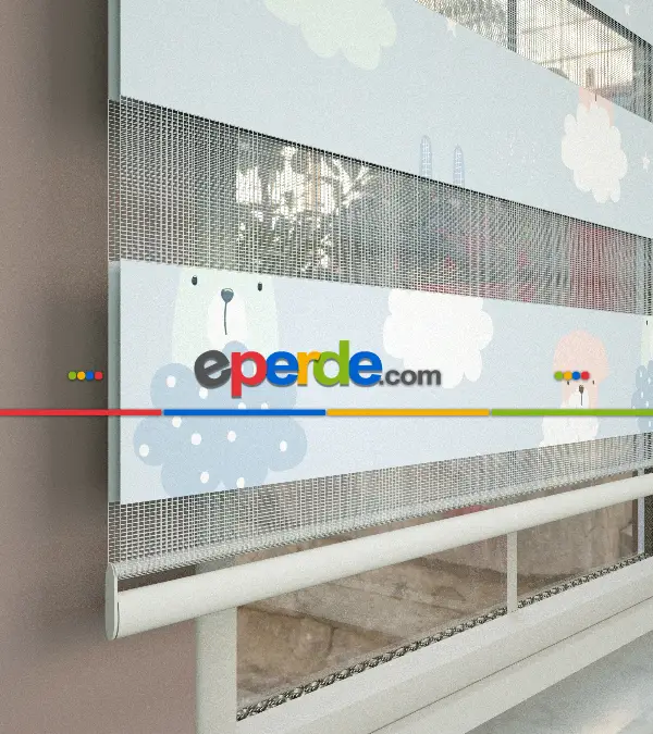 Bulut Desenli Baskılı Zebra Perde- Çok Renkli