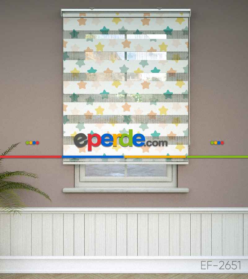 Yıldız Desenli Baskılı Zebra Perde- Çok Renkli