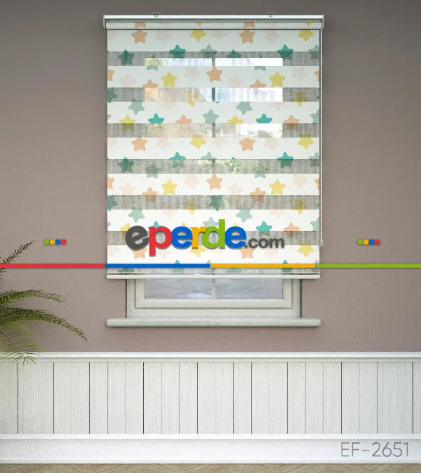 Yıldız Desenli Baskılı Zebra Perde- Çok Renkli