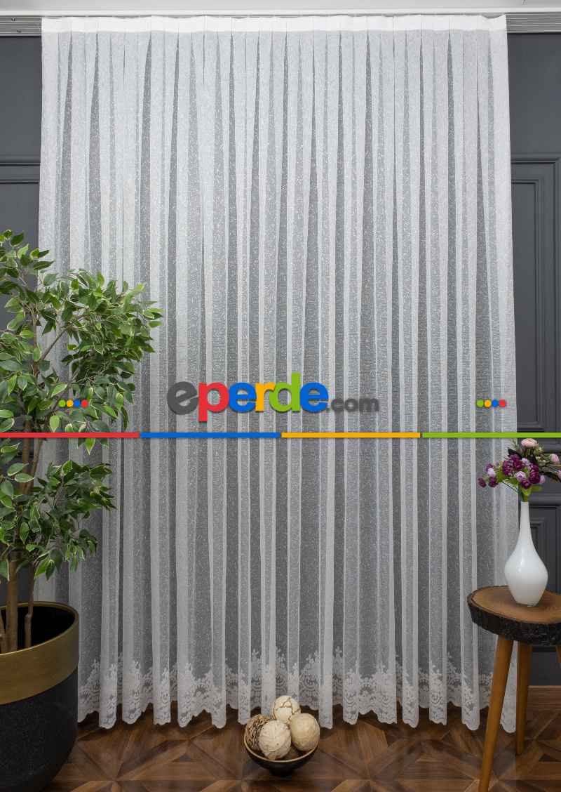 Oturma Odası - Etek Ucu Damask Desenli Örme Tül - Ekru