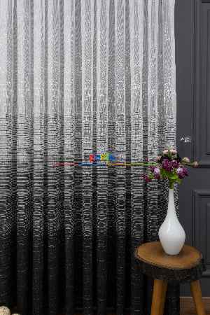 Hazır Ölçülü Çizgili Degrade Geçişli Modern Desenli Örme Tül - Siyah