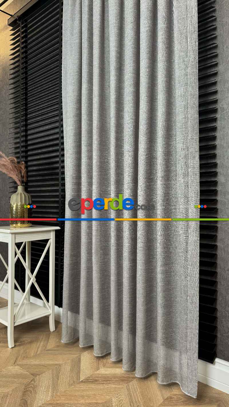 Yatak Odası - Gri, Keten, Büzgülü Ekstraforlu, Düz Tül Perde