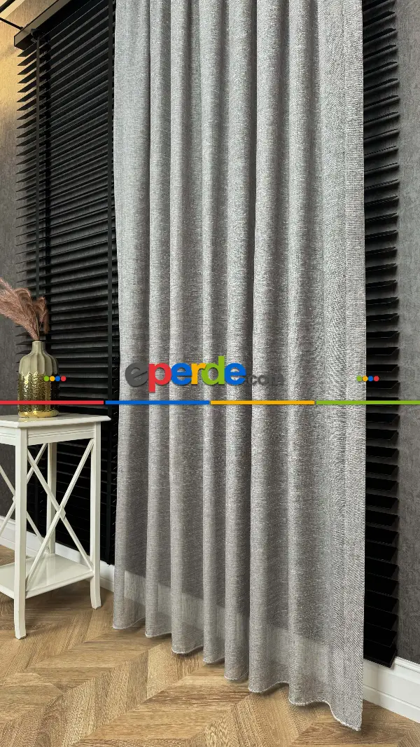Oturma Odası - Gri, Keten, Büzgülü Ekstraforlu, Düz Tül Perde