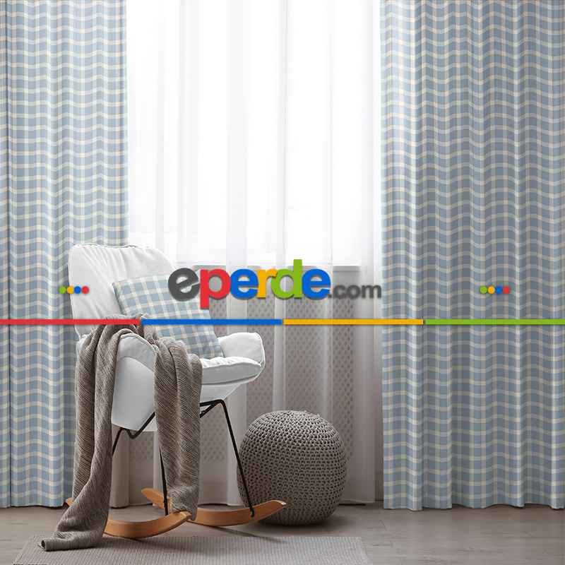 Salon Fon Perde Evim1615-4 Kumaşı Kalındır Duck Bezi Değildir- Mavi-beyaz