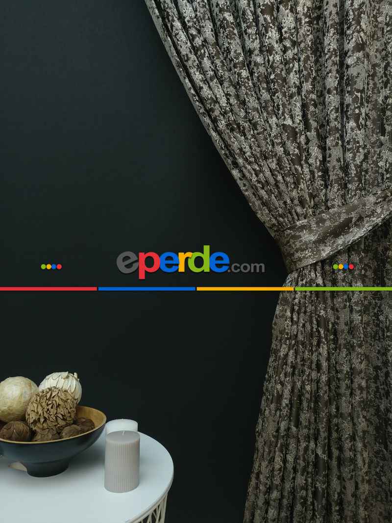 Krem Kahve Desenli Jakar Fon Perde - Kahve