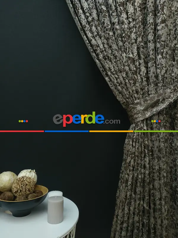 Krem Kahve Desenli Jakar Fon Perde - Kahve