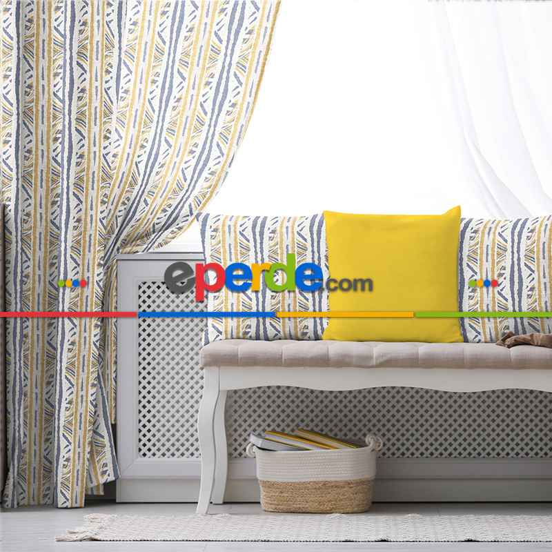 Etnik Fon Perde Evim1536 Kumaşı Kalındır Duck Bezi Değildir- Mavi-beyaz