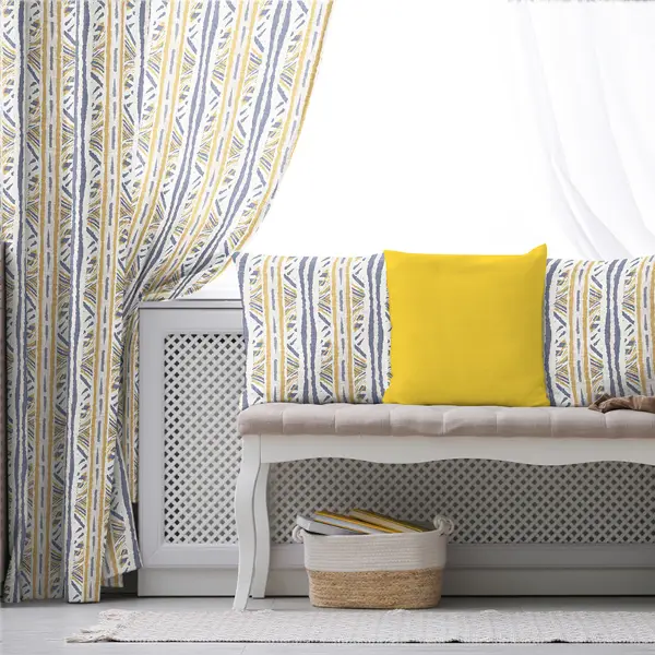 Etnik Fon Perde Evim1536 Kumaşı Kalındır Duck Bezi Değildir- Mavi-beyaz