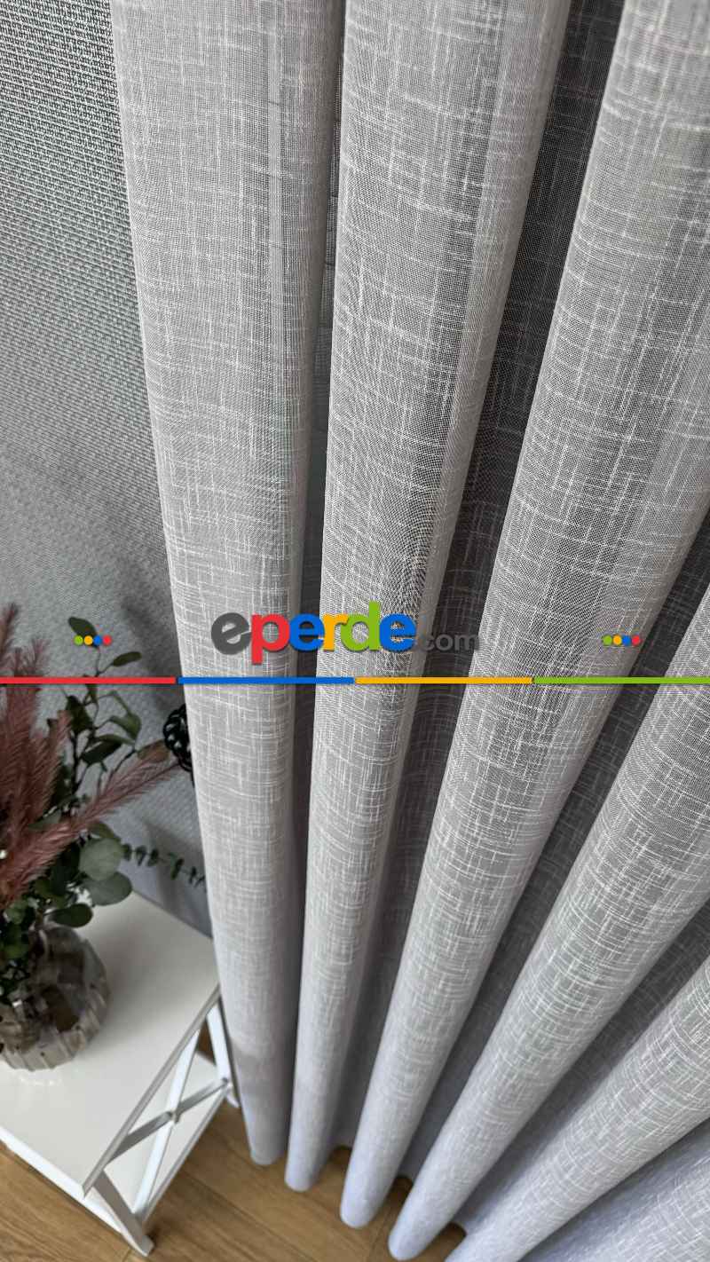 Açık Gri Keten Düz Tül Perde - Premium Serisidir, Eteği Kurşunlu Tül