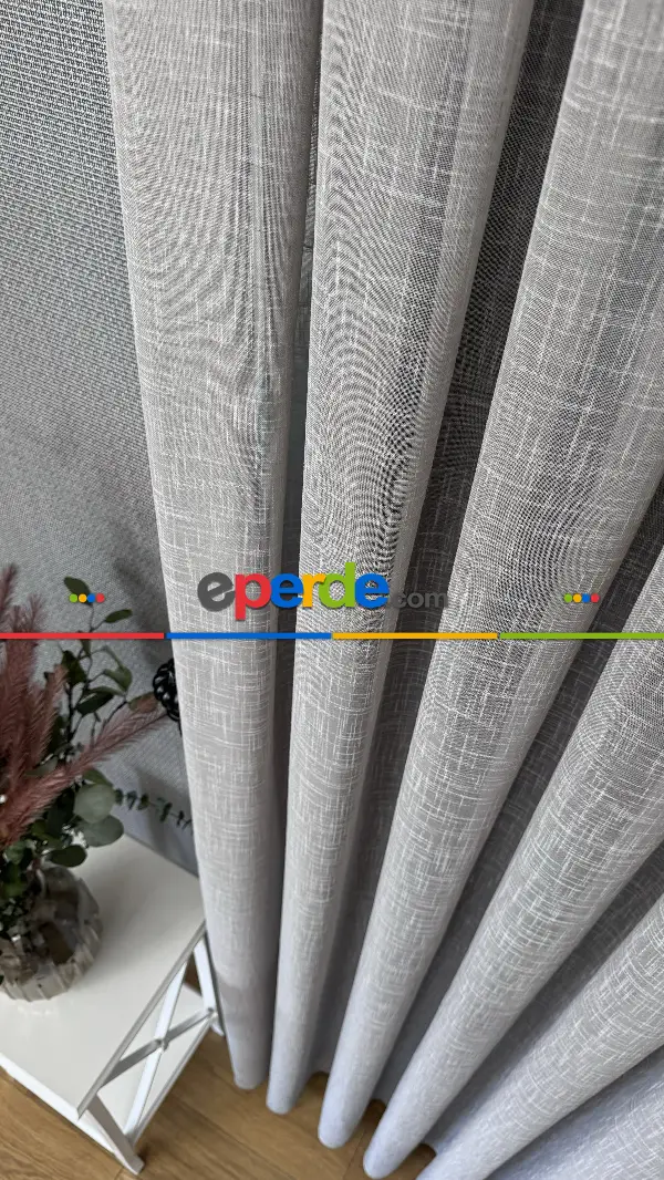 Salon Açık Gri Naturel Keten Düz Tül Perde - Premium Serisidir, Eteği Kurşunlu Tül