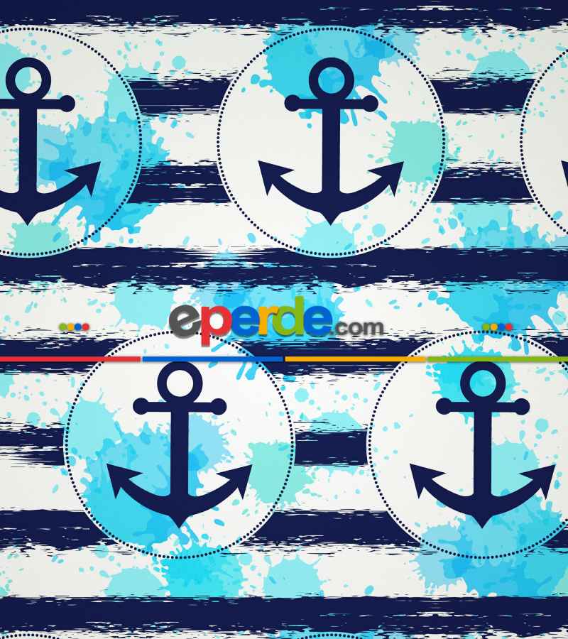 Çapa Desenli Baskılı Stor Perde- Lacivert-mavi