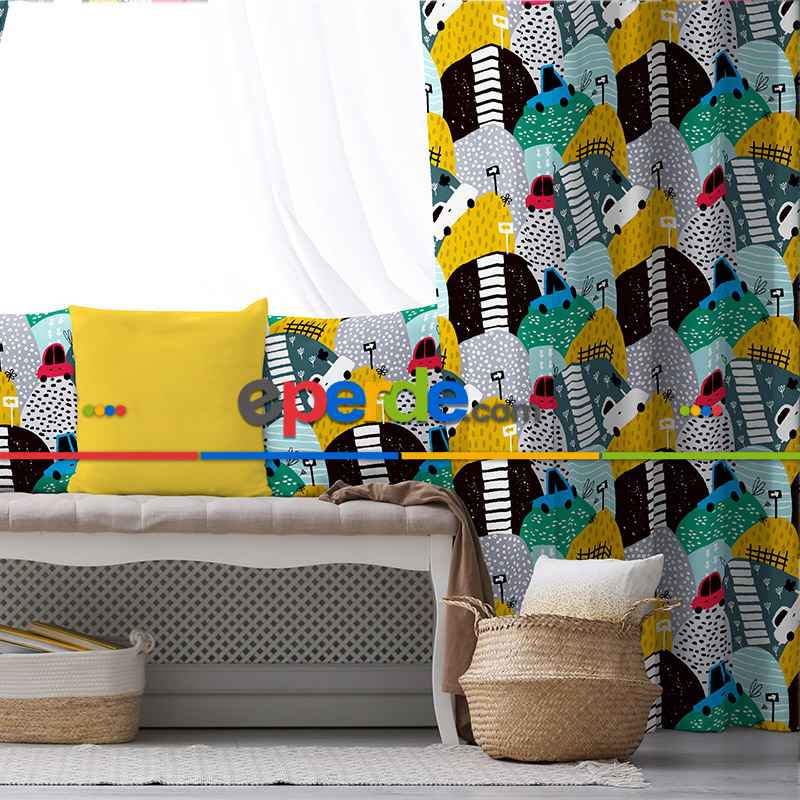 Araba Desenli Fon Perde Evim855 Kumaşı Kalındır Duck Bezi Değildir- Mavi-beyaz