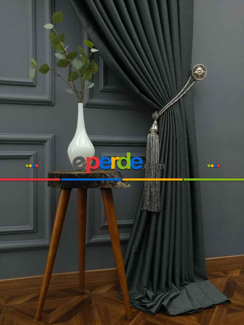 Yatak Odası - Salon Fon Perde - Modern Keten Görünümlü Işık Geçirmez Karatma Fon Perde 2021 Ikon- Füme