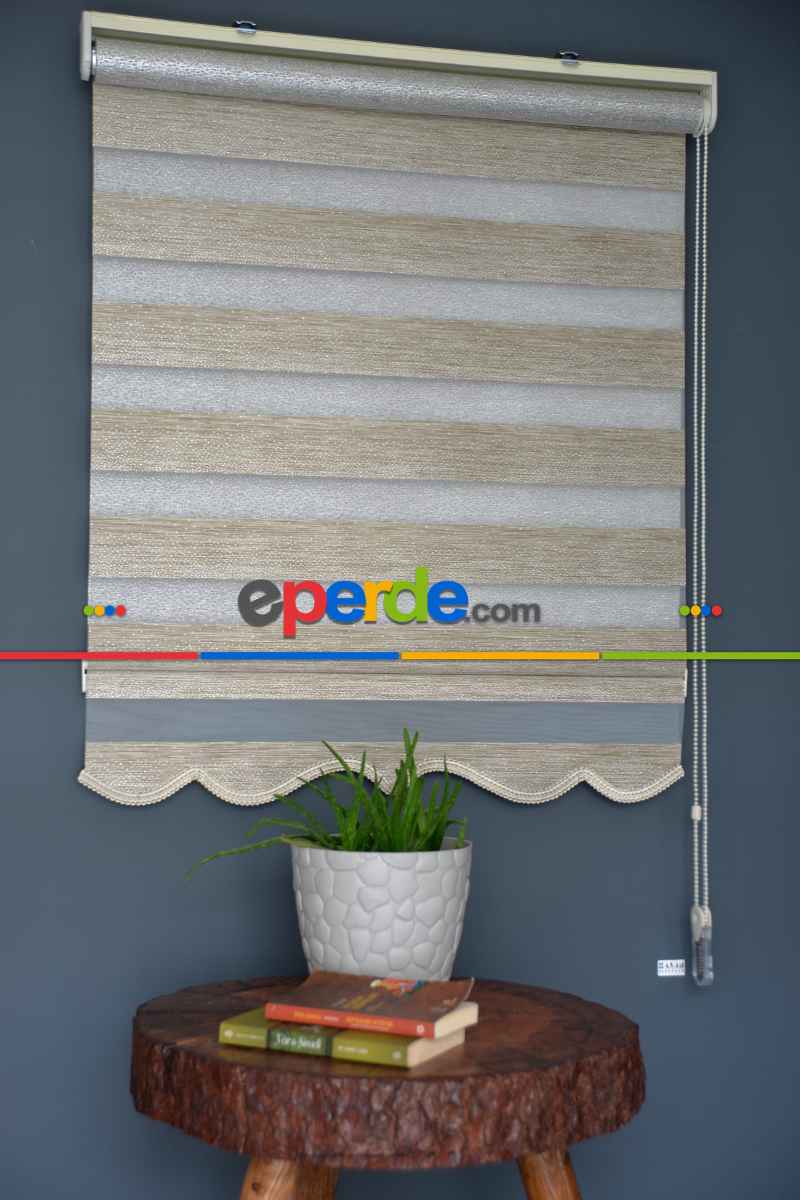 Halim Perdesan Sm-402 Haki & Gümüş Yaldız Renk Etekli Veya Eteksiz Zebra Stor Perde