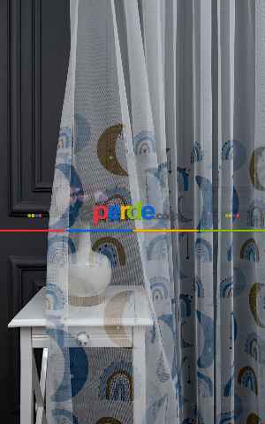 Hazır Ölçülü Petek Zemin Mavi Renkli Ay Desenli Grek Baskılı Tül Perde