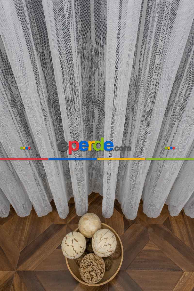 Oturma Odası - Çizgili Modern Desen Örme Tül - Ekru