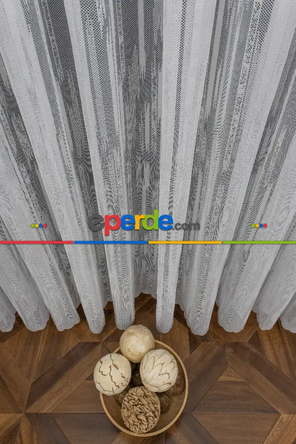 Çizgili Modern Desen Örme Tül - Ekru