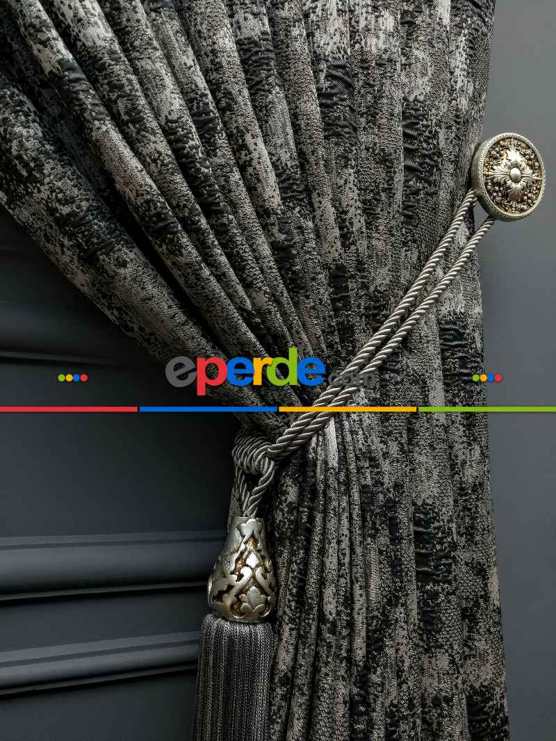 Salon Perdesi - Modern Desenli Jakarlı Fon Perde Yeni Seri 401- Gri-Füme-Antrasit