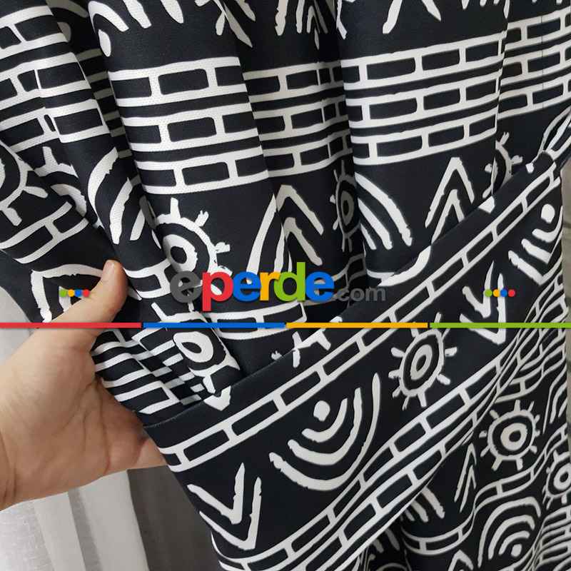 Etnik Desenli Fon Perde Evm1522 Kumaşı Kalındır Duck Bezi Değildir- Siyah