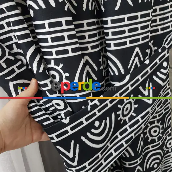 Etnik Desenli Fon Perde Evm1522 Kumaşı Kalındır Duck Bezi Değildir- Siyah