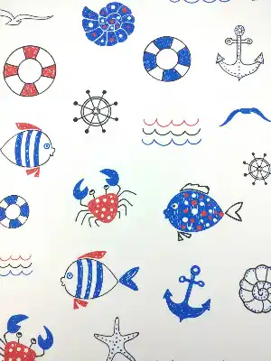Denizci Desenli Kumaş - Metre İle Satış - Dikişsiz Kumaş- Kırmızı-Mavi Koyu