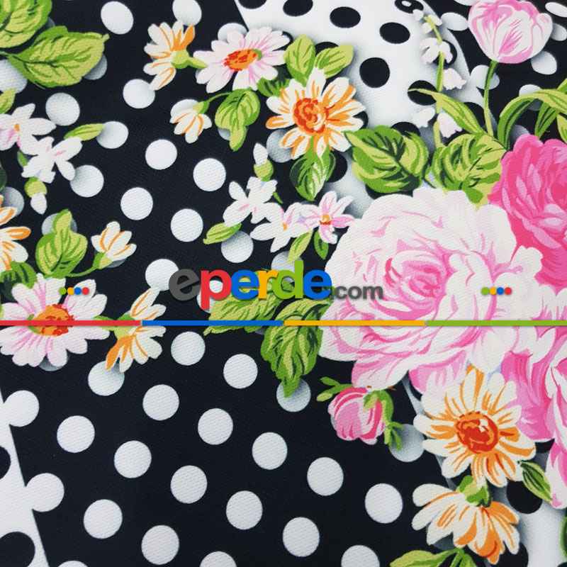 Çiçek Desenli Fon Perde Evm836 Kumaşı Kalındır Duck Bezi Değildir- Siyah-Beyaz-Pembe Koyu