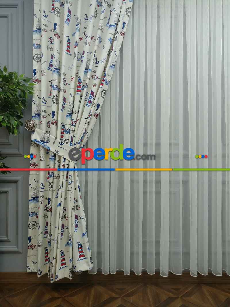 Denizci Desenli Çocuk Odası Fon Perde ( Leke Tutmaz )- Çok Renkli 3