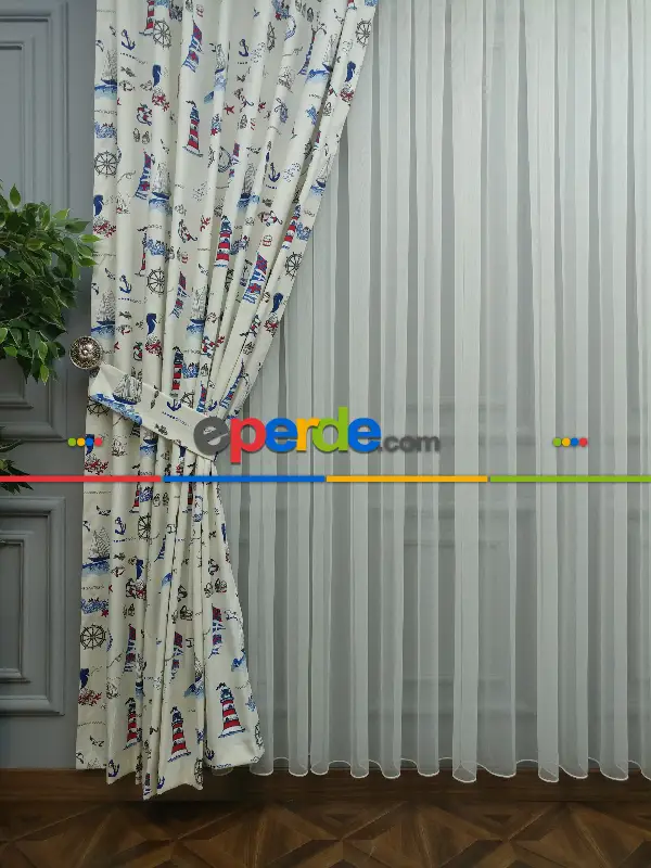 Denizci Desenli Çocuk Odası Fon Perde ( Leke Tutmaz )-  Çok Renkli 3