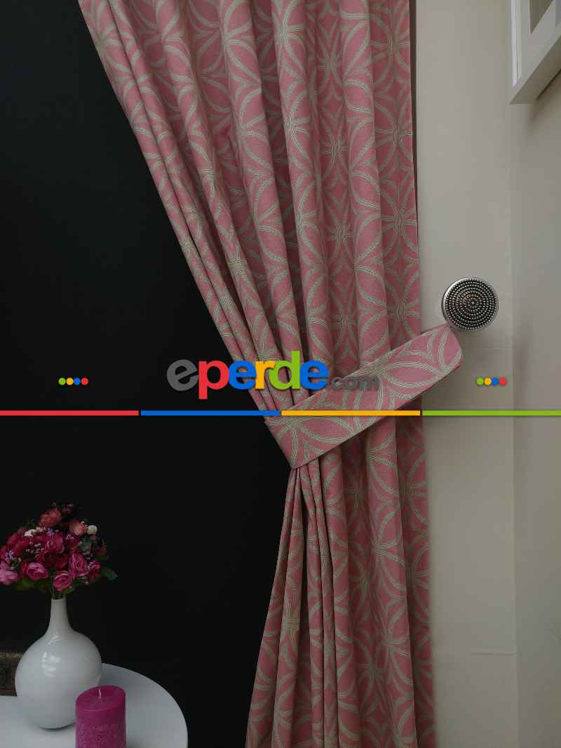 Yatak Odası - Dairesel Desenli Oturma Odası Fon Perde- Pembe Pudra Pembe