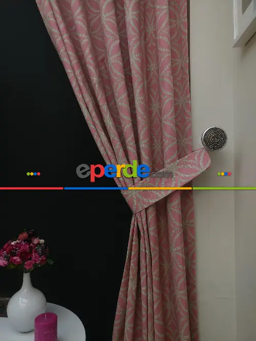 Dairesel Desenli Oturma Odası Fon Perde- Pembe Pudra Pembe