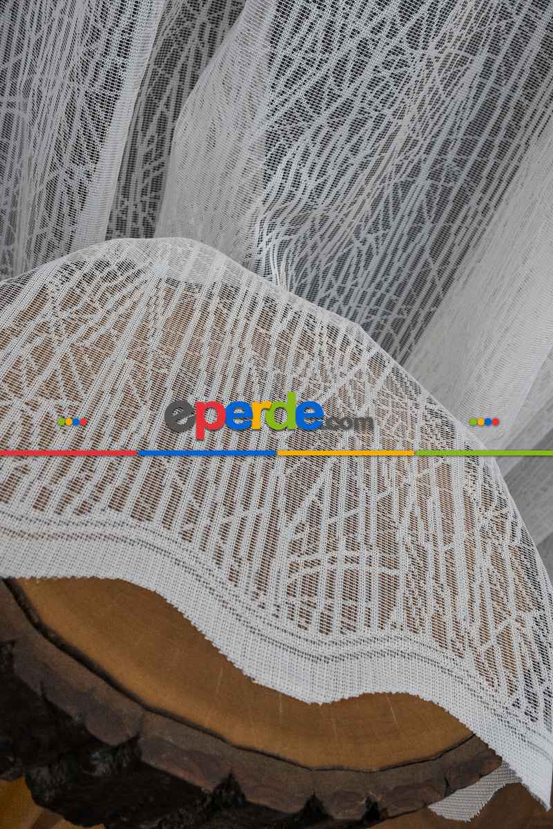 Desenli Tül Perde - Fransız Dantel Örme Tül - Geometrik Çizgili Tül - Spor Desenli Tül - Ütü İstemez- Ekru Açık Krem