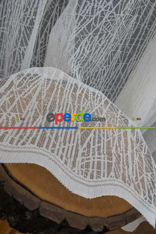 Mutfak Desenli Tül Perde - Fransız Dantel Örme Tül - Geometrik Çizgili Tül - Spor Desenli Tül - Ütü İstemez- Ekru Açık Krem