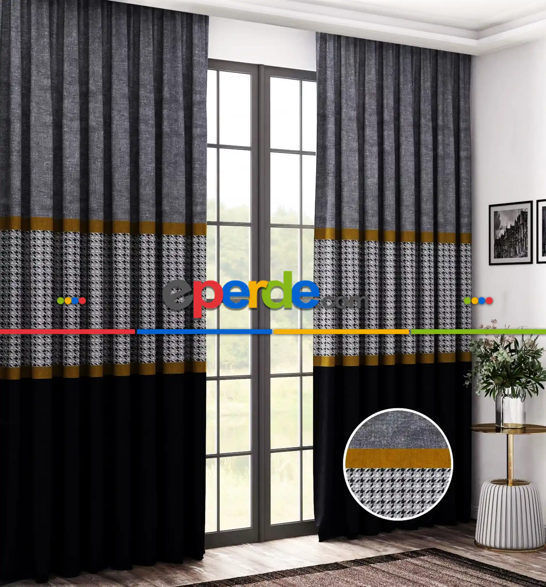 Salon Fon Perde - Siyah Gri Kaz Ayağı Desenli Fon Perde, Adet Fiyatıdır, İstediğiniz Boy Ölçüsünde Dikilir, 70 ila 100cm, Sık Pile Eninde Seçenekli 70cm X 290cm 